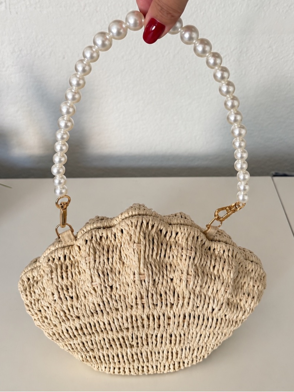 ANewDay Pearl-Handle Shell Straw Bag in Cream